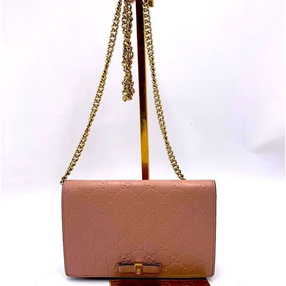 Auth Gucci Wallet On Chain Pink Beige Bow Guccisima Leather Gold Chain Strap Ex+ - Picture 14 of 16